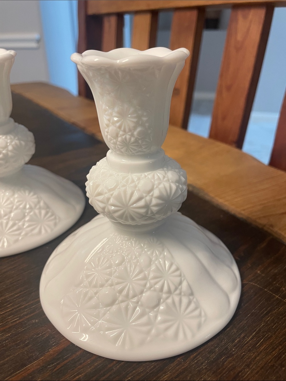 Vintage White Milk Glass Candlestick Pair - Elegant Floral Pattern - Picture 3 of 10